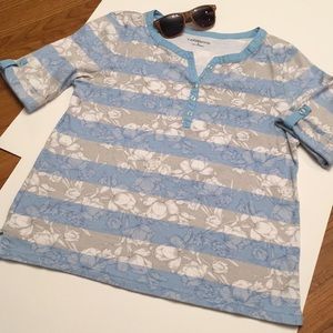 Sky blue & beige stripe shirt w/floral pattern
